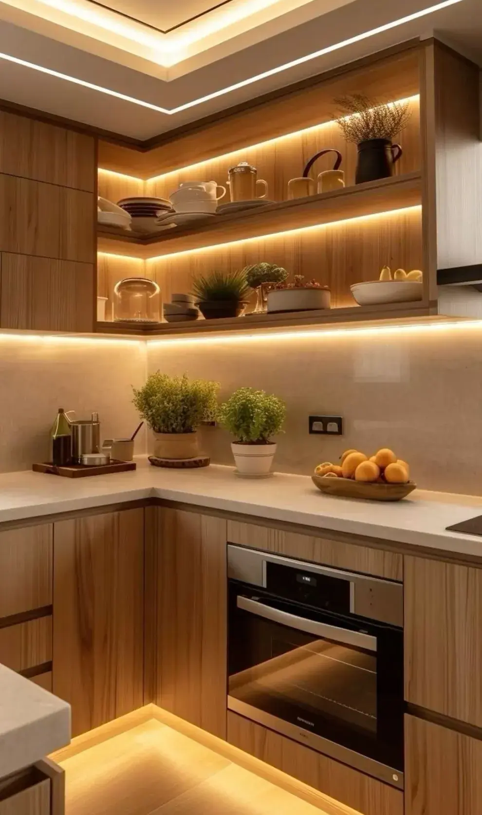 Iluminación estratégica como protagonista del diseño en cocinas pequeñas.