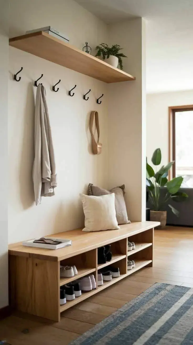 En 2026, cada centímetro cuenta. Por eso, los percheros multifunción ganan terreno: incluyen bancos, zapateros, cajones o estantes.