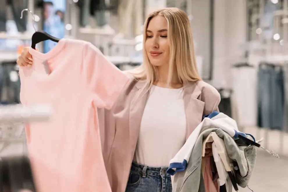 Foto de mujer comprando ropa.