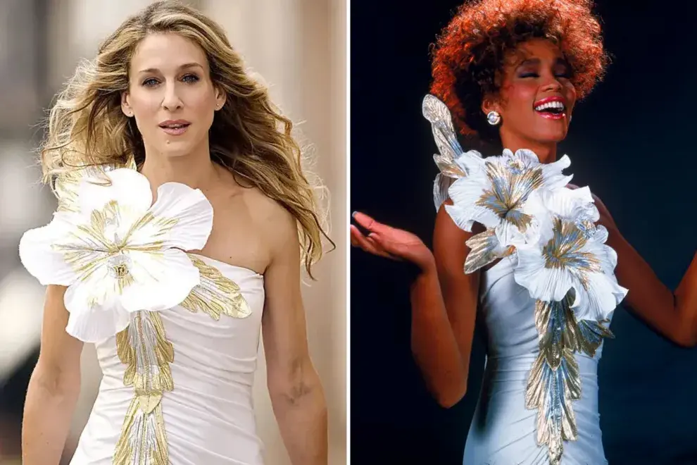 Foto de Sarah Jessica Parker como Carrie Bradshaw en la película Sex and the City, y Whitney Houston.