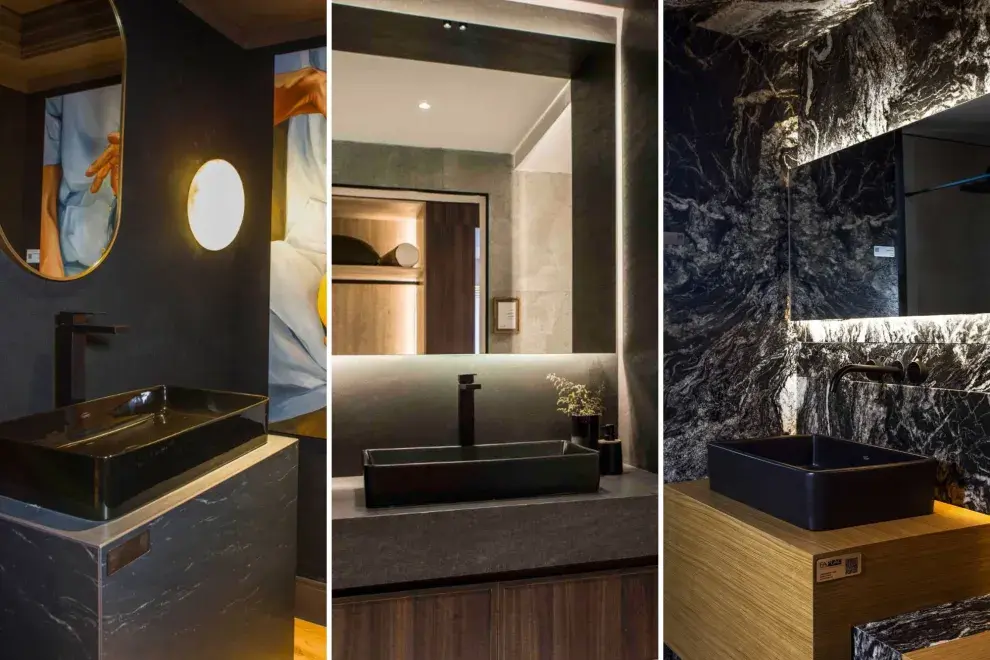 El negro absoluto se apodera de los lavabos. De izquierda a derecha: bacha geométrica en el espacio de Gaby López Monzón, diseño rectangular minimalista de Halesa y bacha sobre mármol veteado de Adriana Randazzo.