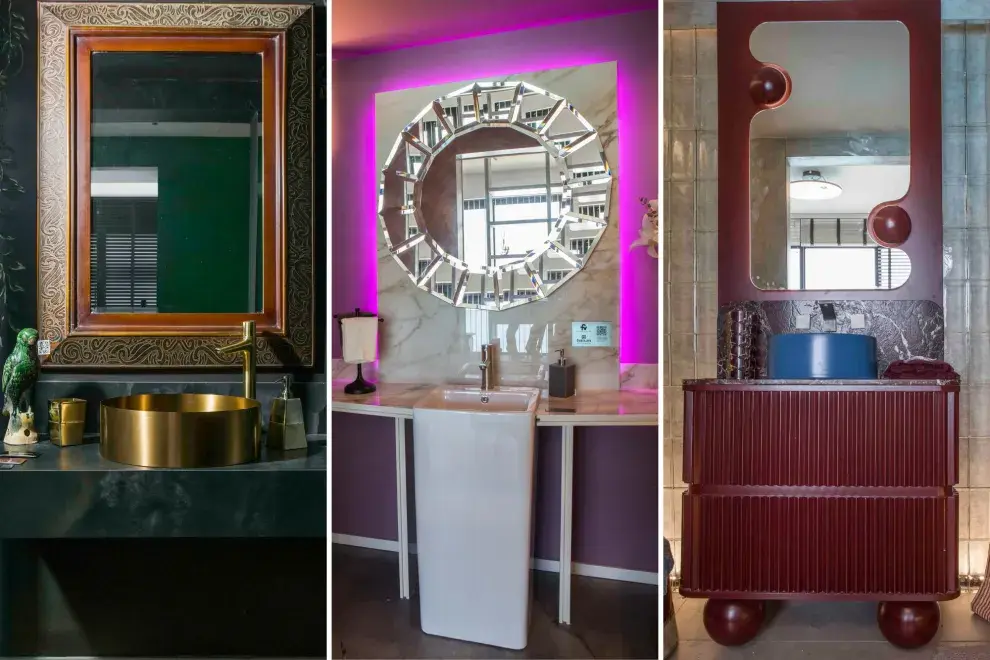 Reflejos con estilo. Espejo con marco labrado de Sandy Craincross, diseño circular con luz neón de Wertheim-Ortiz y pieza de forma orgánica por Leti Rocco.