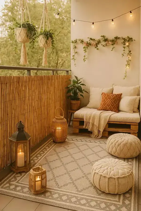 El tercer recurso es incorporar cortinas exteriores o paneles de bambú. Funcionan como barreras contra el viento y, al mismo tiempo, crean un efecto íntimo y sofisticado. 