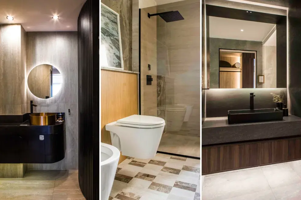 Todo suspendido: vanitory curvo de Lineaneta, sanitarios suspendidos en el espacio de Iván Nahas y Paula Ingle y mueble volado de Halesa.