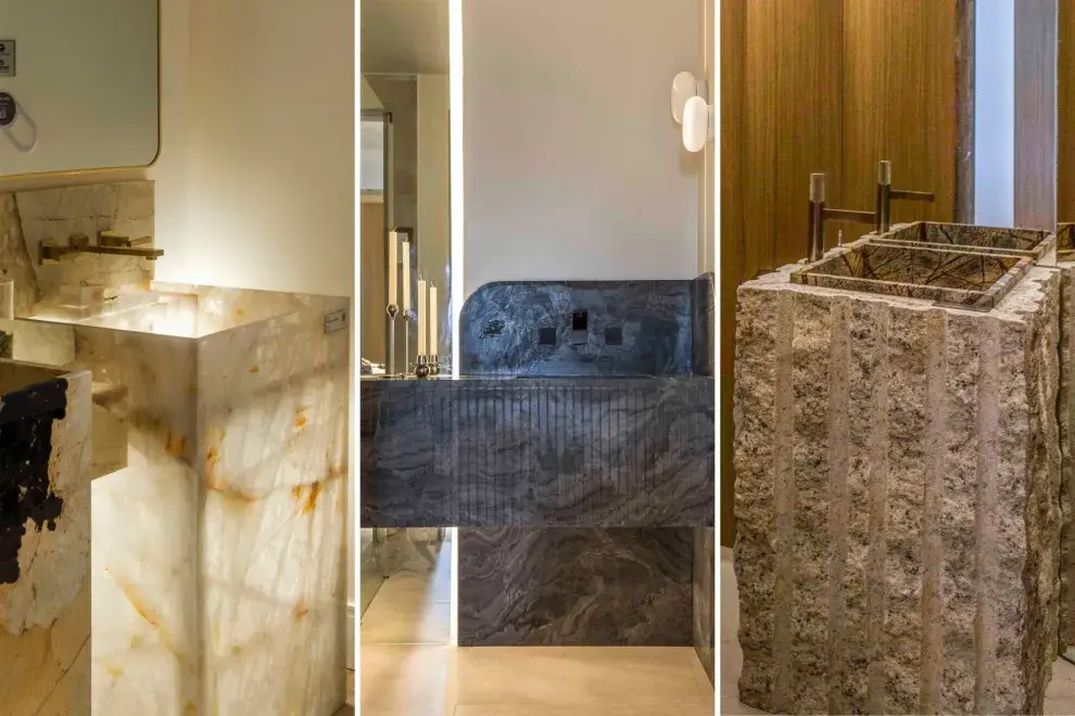 El lujo de la piedra natural en formato tótem. Tres imponentes versiones diseñadas por Rob Ortiz, explorando texturas que van desde el mármol traslúcido hasta el granito rústico.