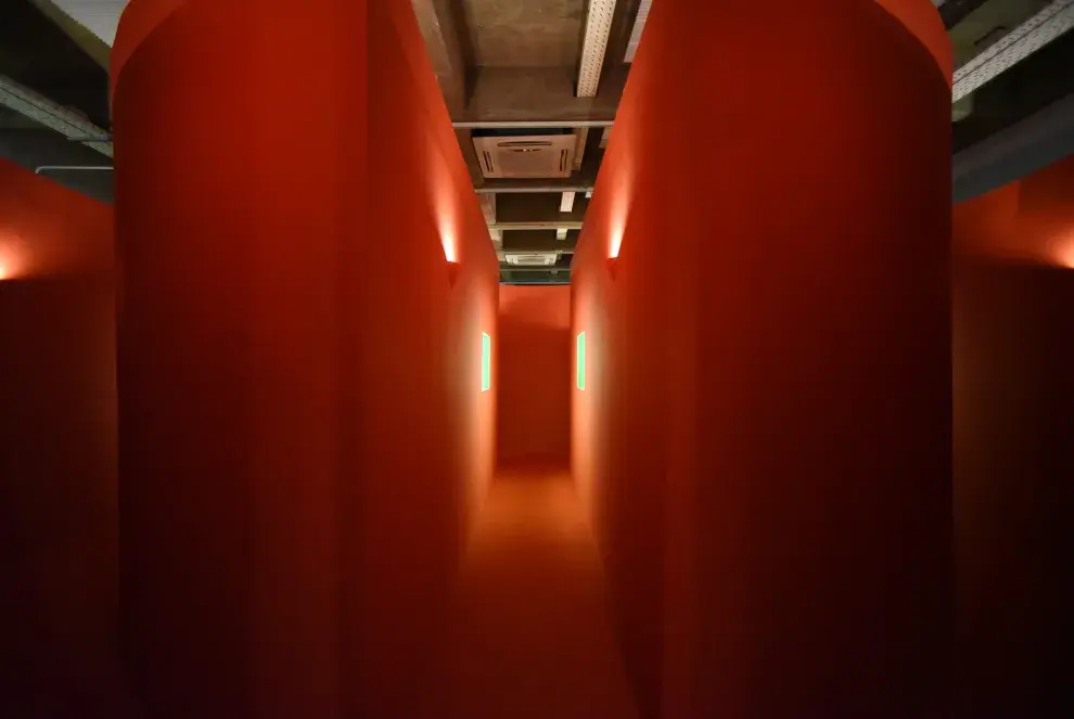 Ballesteros desarrolla una instalación inmersiva compuesta por pasillos sinuosos que conducen al visitante a una experiencia de recorrido no lineal. 