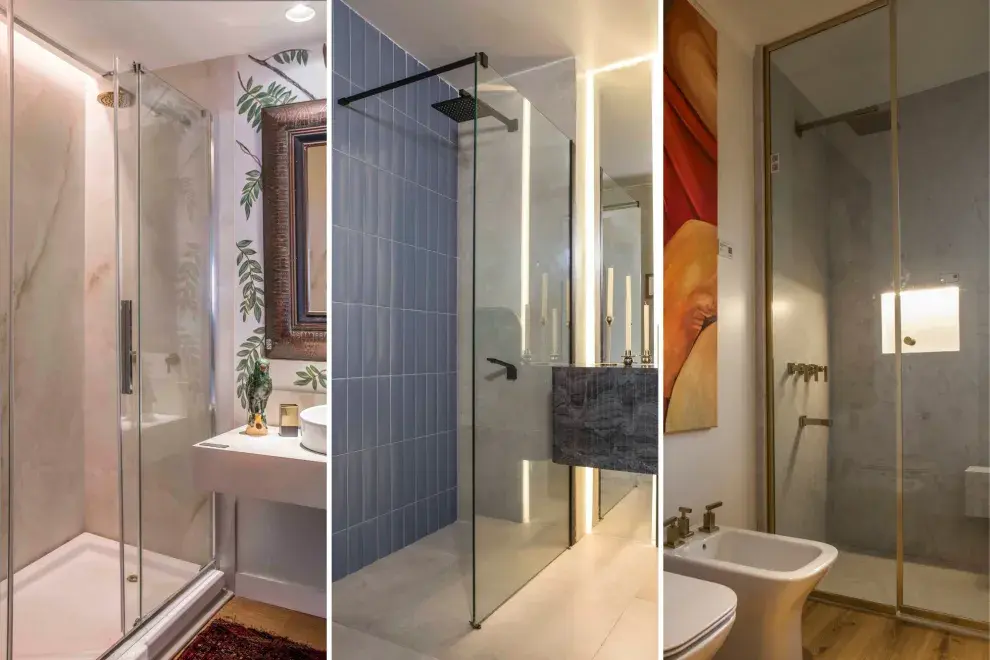  Transparencia total. Mamparas que casi desaparecen en los espacios de Sandy Craincross, Rob Ortiz y Linea Neta, integrando la ducha al ambiente de manera fluida.
