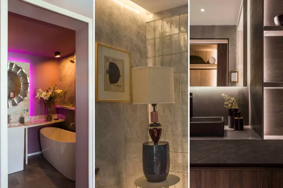 Atmósferas lumínicas. El juego de luces fucsia de Wertheim-Ortiz, la calidez de una lámpara de mesa por Sara Plazibat y el espejo retroiluminado de Halesa.