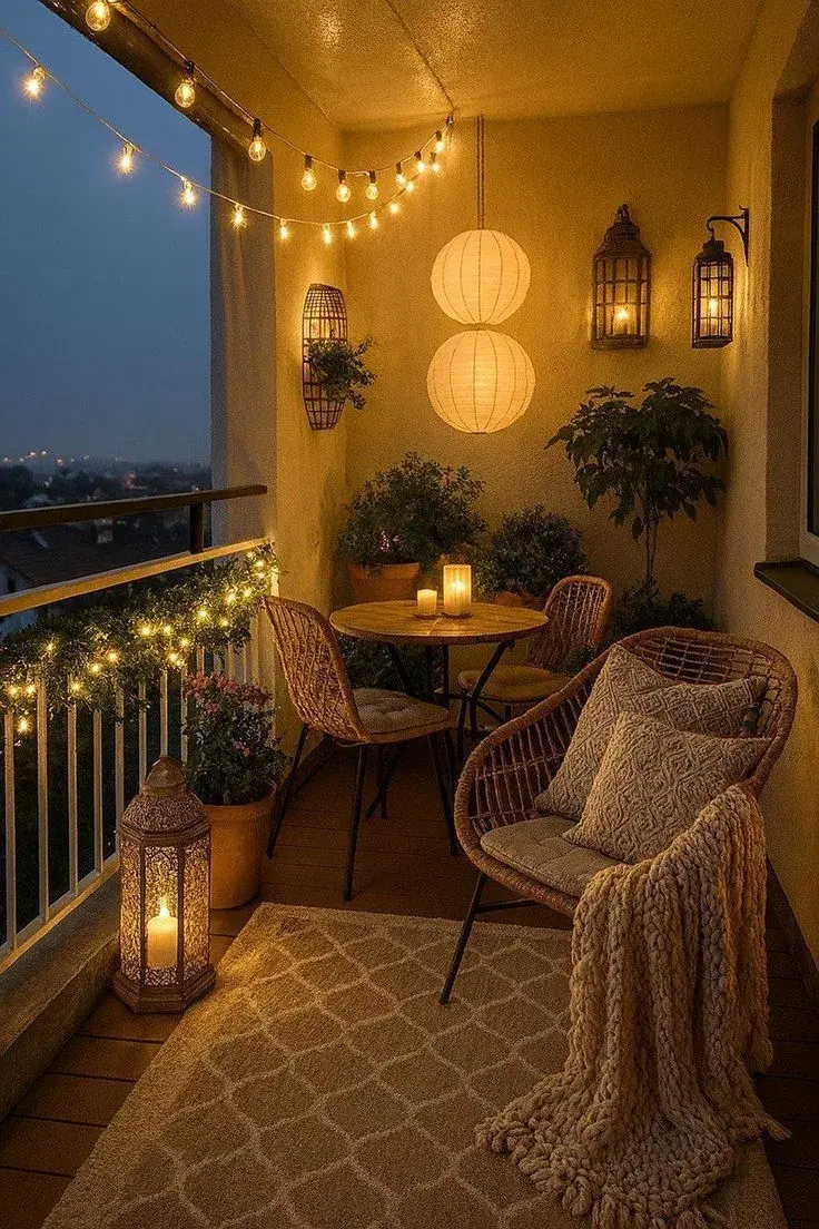 Los textiles son tus mejores aliados para adaptar el balcón al otoño. Mantas, almohadones y fundas en tonos tierra o neutros generan una atmósfera más acogedora al instante.