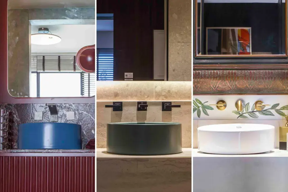 Geometría y sutileza. Bacha azul de Leti Rocco, verde mate de Halesa y blanca minimalista de Adriana Randazzo.