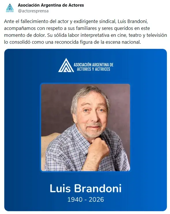 El comunicado de la Asociación Argentina de Actores confirmando la muerte de Luis Brandoni.