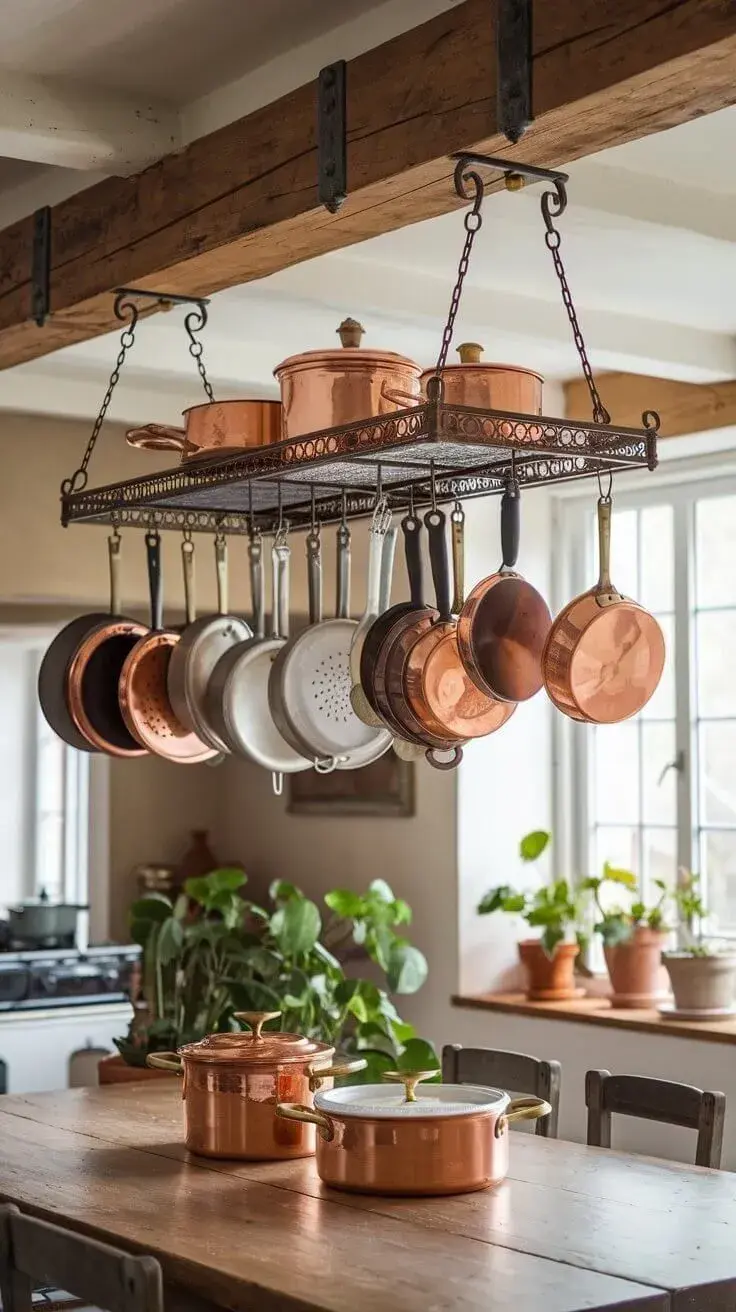 Foto de ollas en soporte colgante.