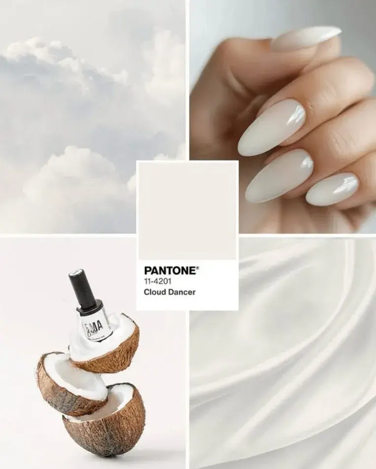 foto de uñas cloud dancer pantone.