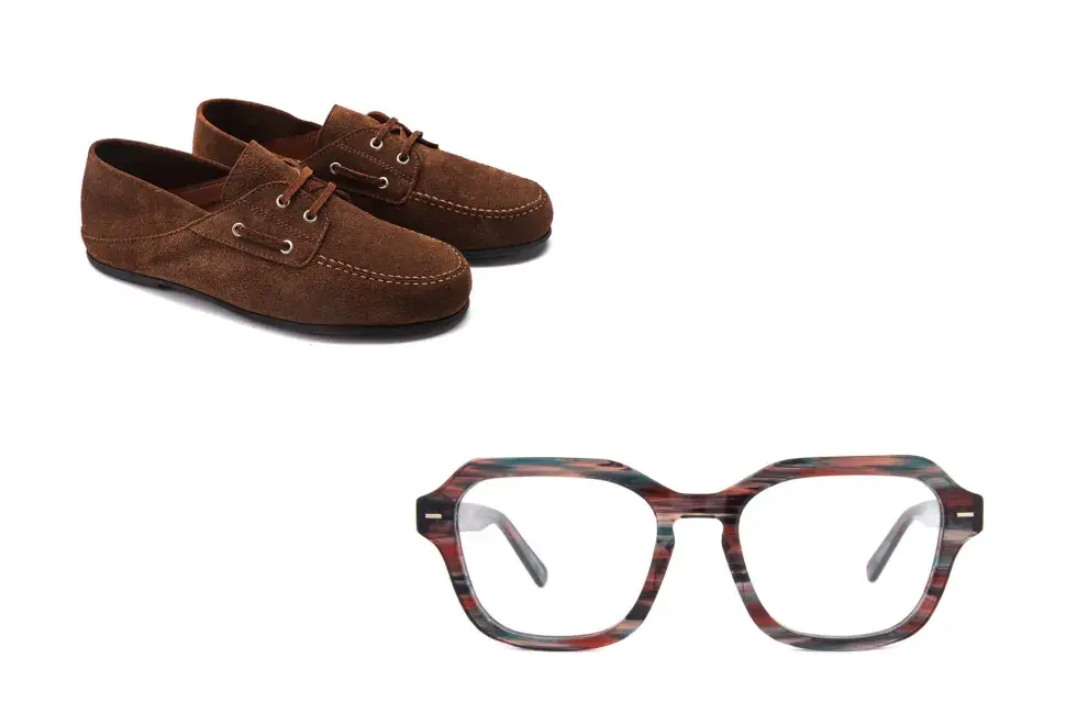 Mocasines de gamuza (Oggi, $159.999) y lentes (Bonding Eyewear, $166.500.)