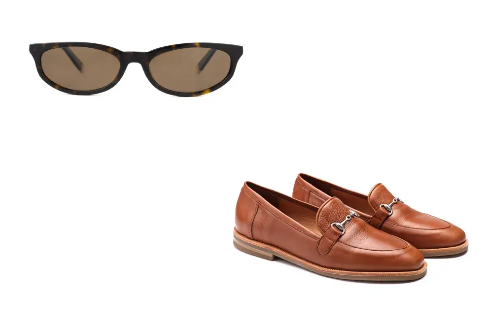Mocasines de cuero (Oggi, $169.999) y lentes de sol (Bonding Eyewear, $166.500. )