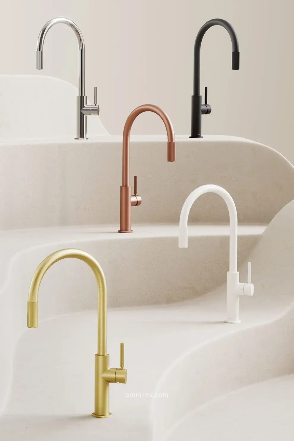 Tendencias en griferías de cocina 2026: metales cálidos y acabados mate.