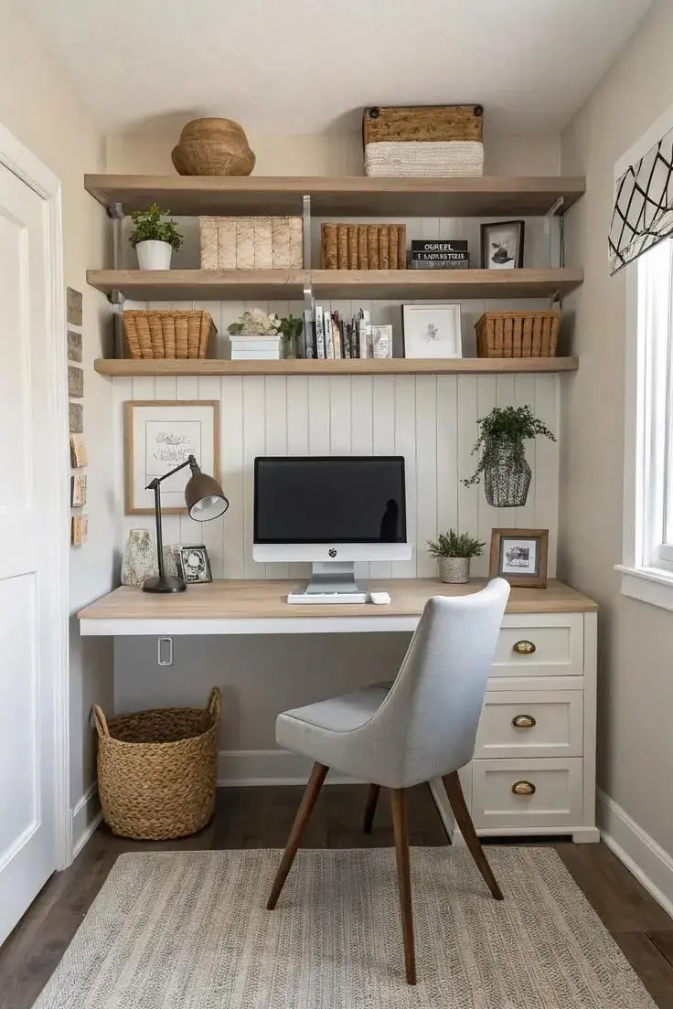 La idea es que el home office sea funcional durante el día, pero que no invada visualmente el resto del ambiente cuando termina la jornada laboral.