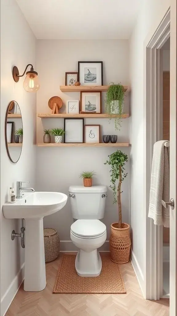 Cuando el espacio es reducido, liberar el piso hace una gran diferencia. Los vanitorys flotantes y estantes elevados ayudan a que el baño se vea más ordenado y amplio.