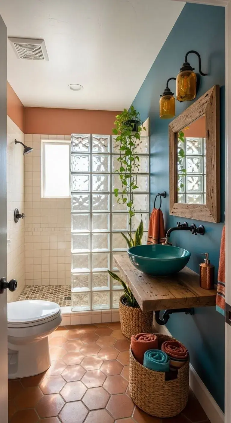 Los espejos son aliados fundamentales en baños tiny. Un espejo grande o incluso de pared a pared puede duplicar visualmente el espacio y mejorar la iluminación.