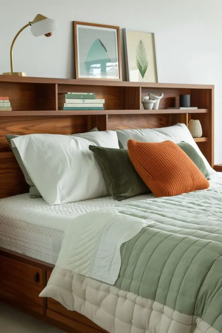 Foto de dormitorio pequeño con cabecera de cama que también organiza.