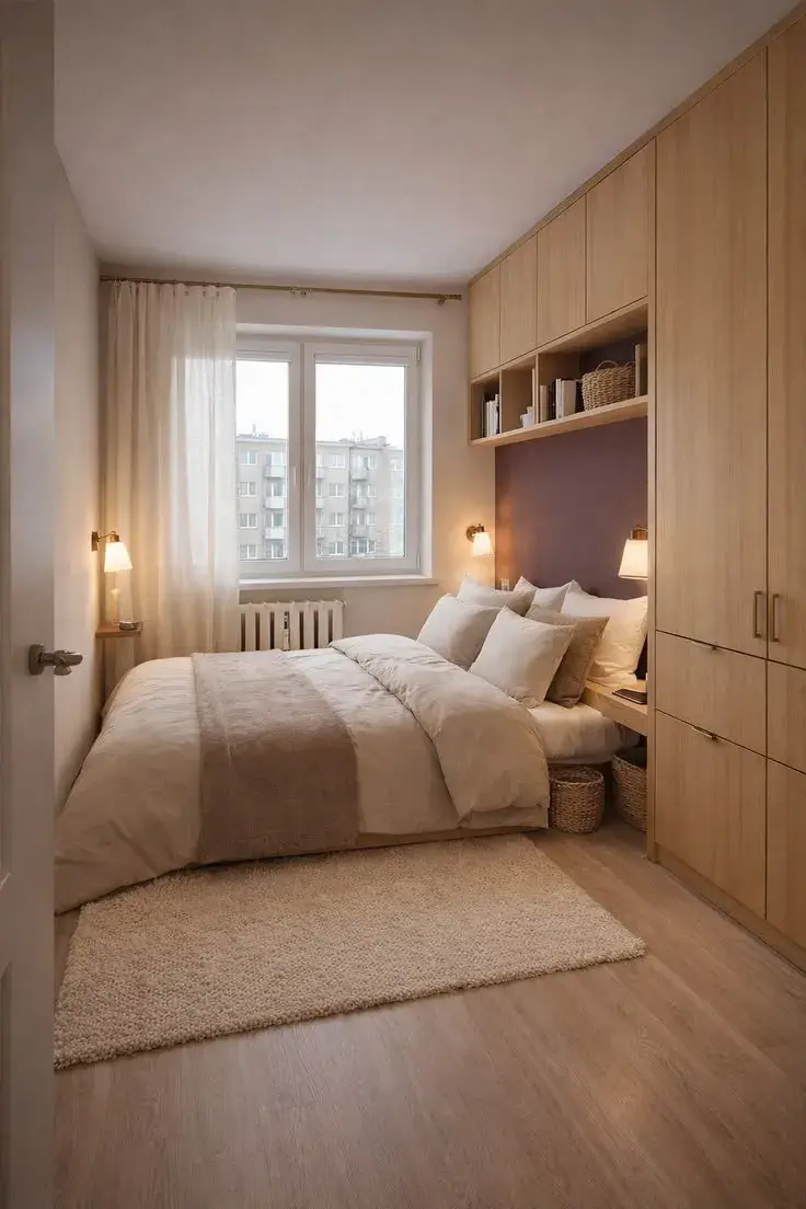  Un dormitorio angosto se beneficia de líneas simples y pocos objetos a la vista. 
