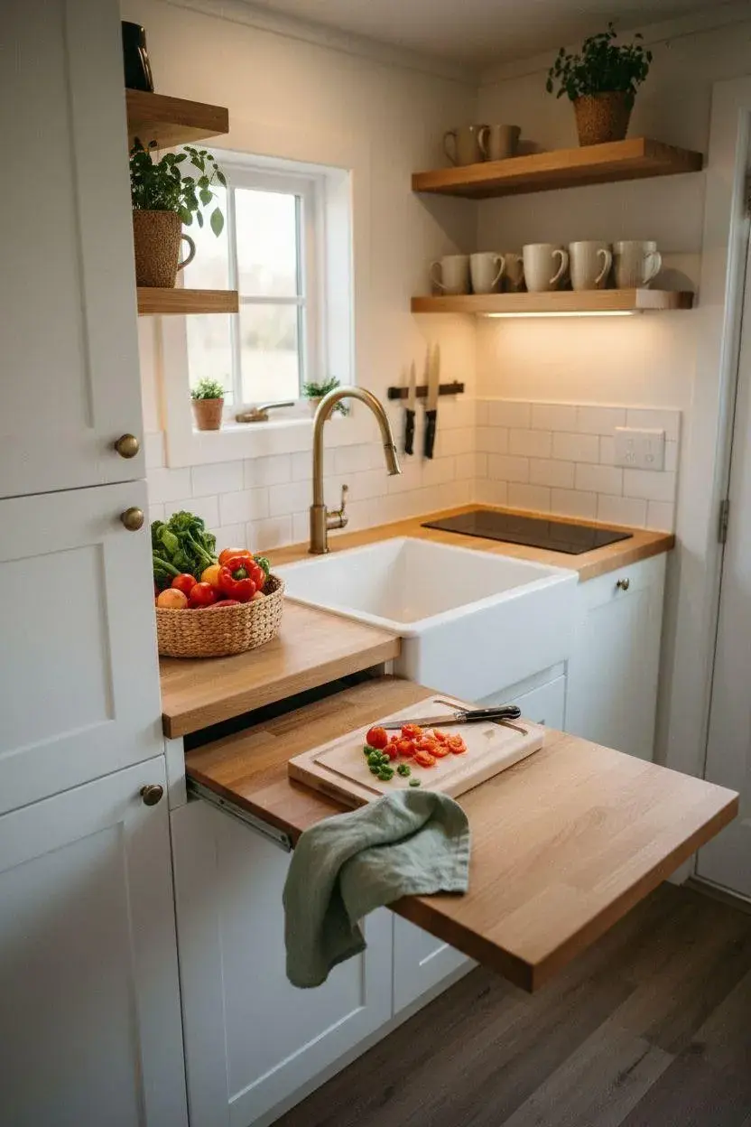 En cocinas tiny, dejar demasiados objetos a la vista puede hacer que el ambiente se vea desordenado incluso cuando está limpio.