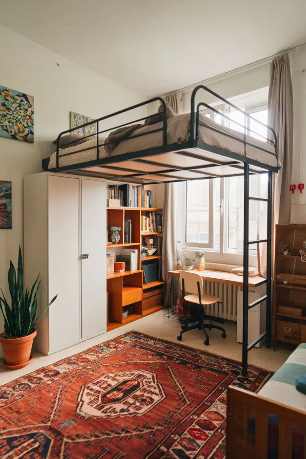 Foto de dormitorio con cama en altura.