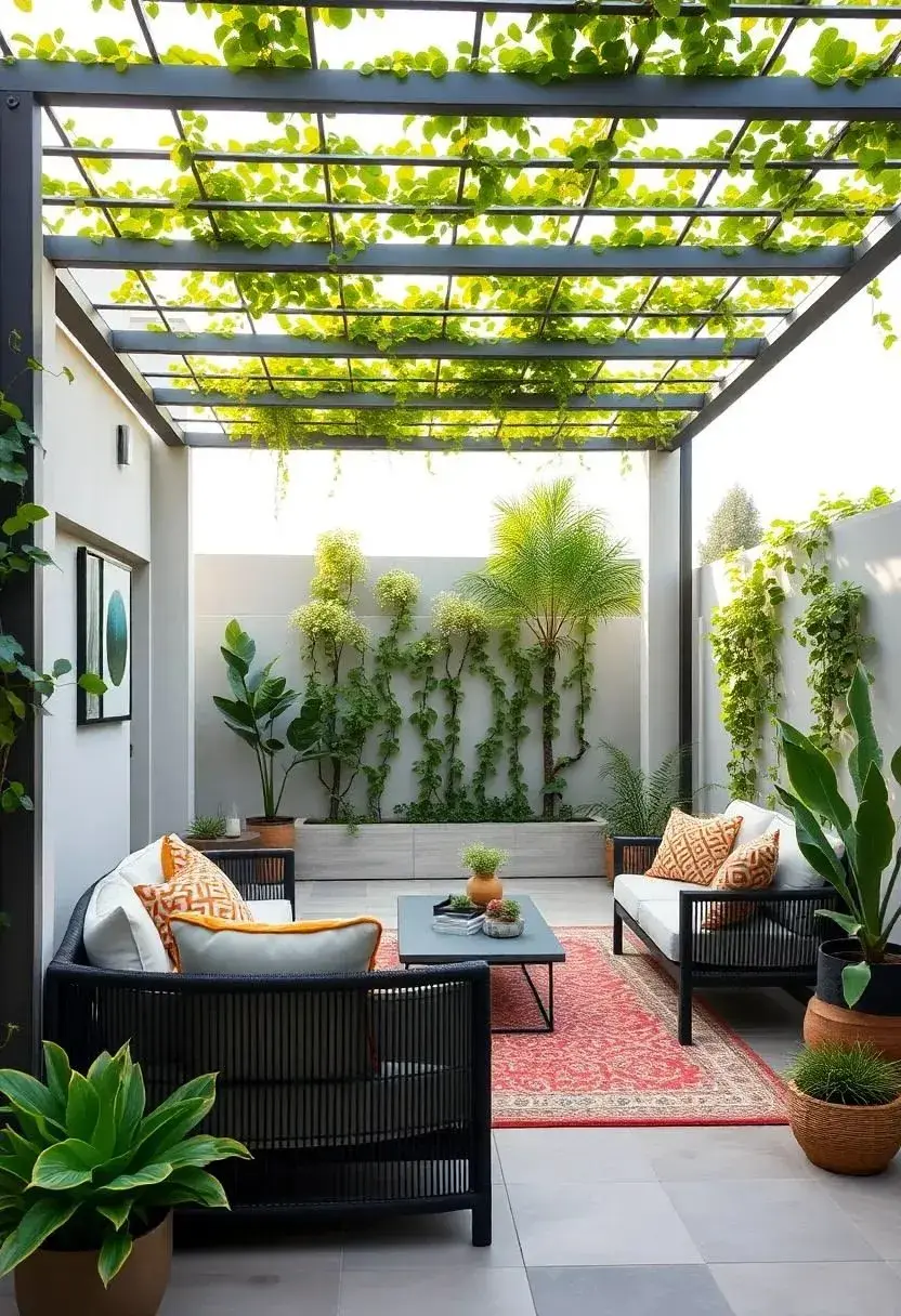 Foto de quincho angosto con plantas en altura.