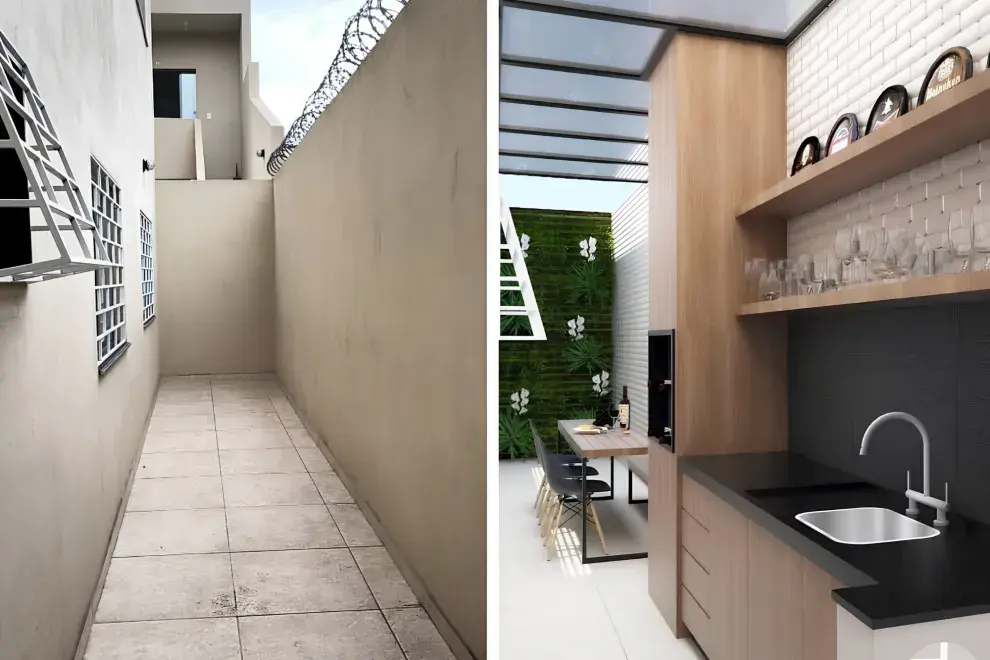 Foto antes y después de un quincho angosto.