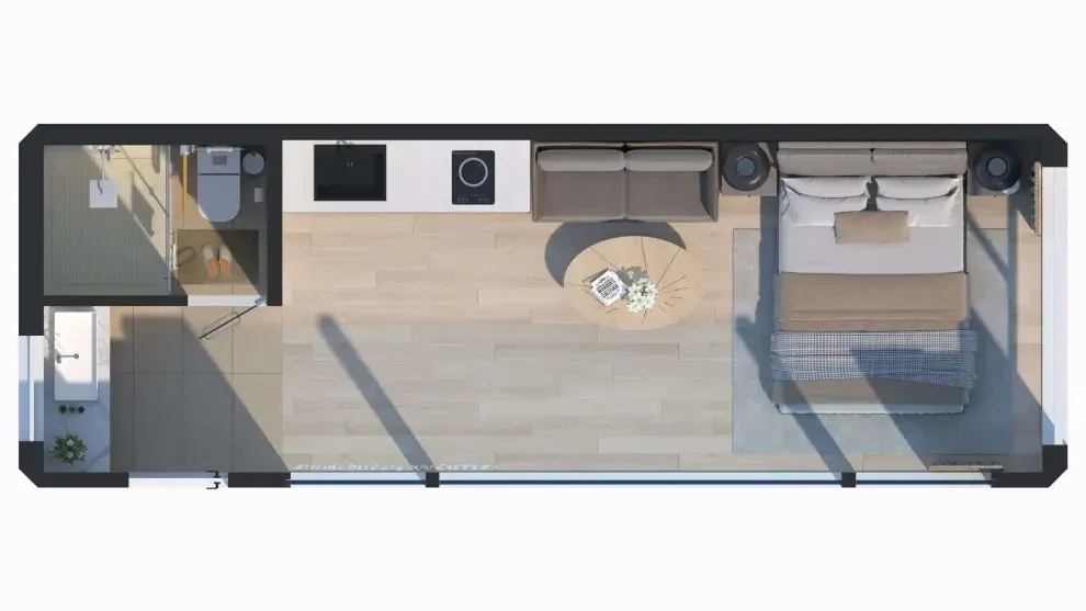 Plano de una glamni tiny house por dentro.