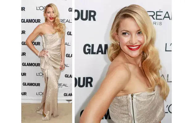 Si bien el vestido dde un solo hombro de Lanvin que lució Kate Hudson en color champagne no el quedaba mal, el cierre a la vista, resta puntos... y muchos