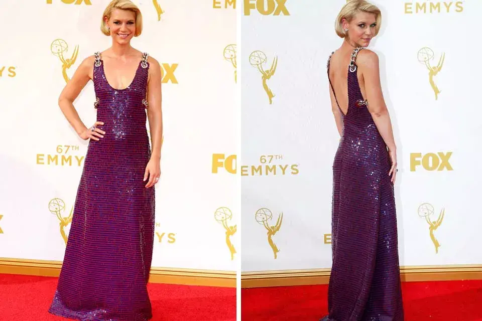 Claire Danes con un vestido de glitter y tirantes de cadenas de Prada; ¿Qué tal?