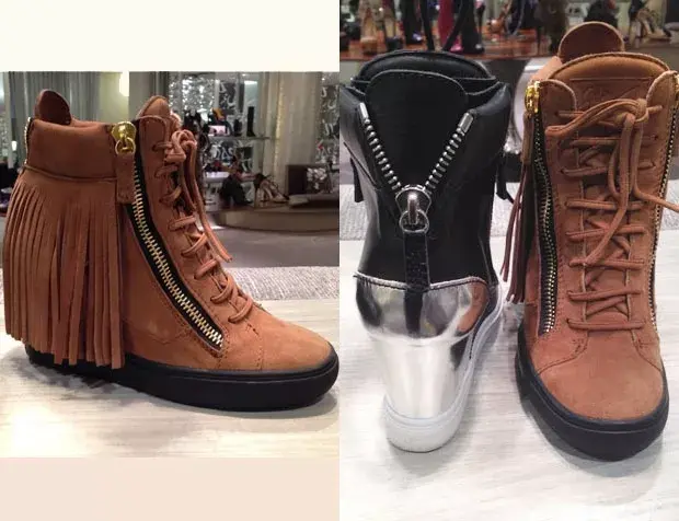 Zapatillas Giuseppe Zanotti. Marrones con cordones y cierres, US$875. Negras con detalle plateado, US$725