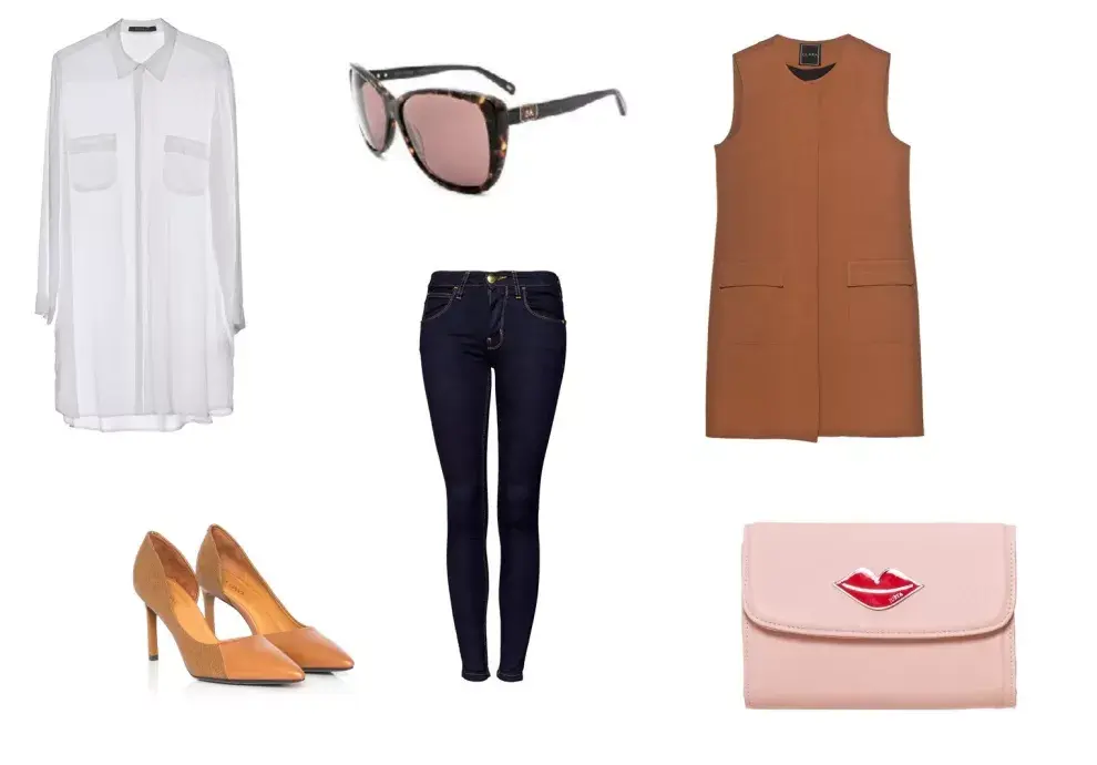 Sobre ( Justa Osadía, Sale Fotter $743) Jean (Maria Cher ($1200) Anteojos (Elizabeth Arden) Camisa (Chocolate, $1700) Chaleco (Clara, $2600)