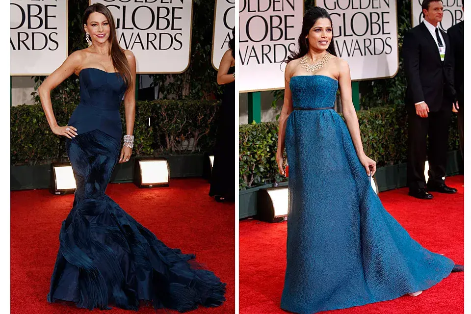 Azules: Sofía Vergara sigue apostando a la silueta sirena para resaltar sus curvas; en este caso, el strapless es de Vera Wang; Freida Pinto prefirió un strapless de falda armada de Prada