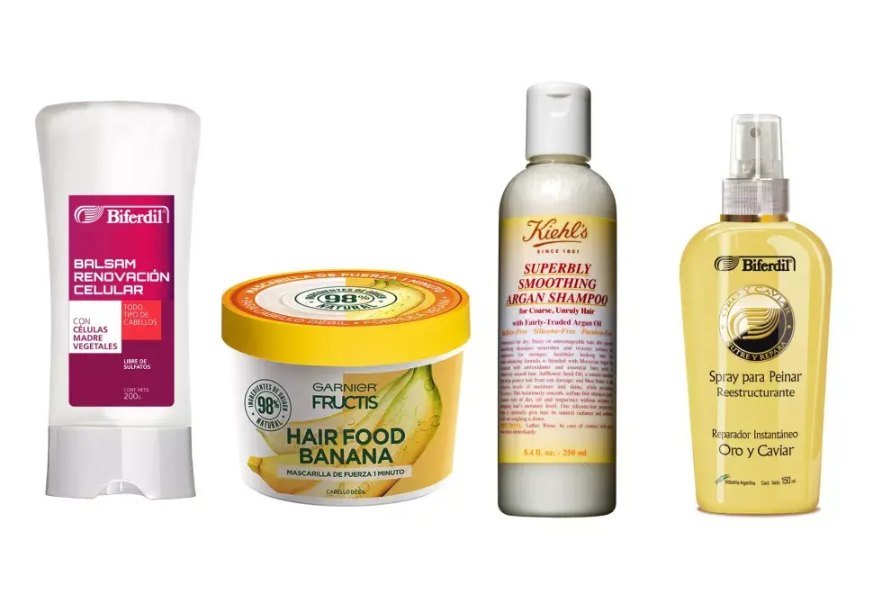 Bálsamo de renovación celular, $209, Biferdil; Hairfood banana, $198, Garnier Fructis; Shampoo con óleo de argán, $950, Kiehl´s; Spray oro y caviar, $194, Biferdil.