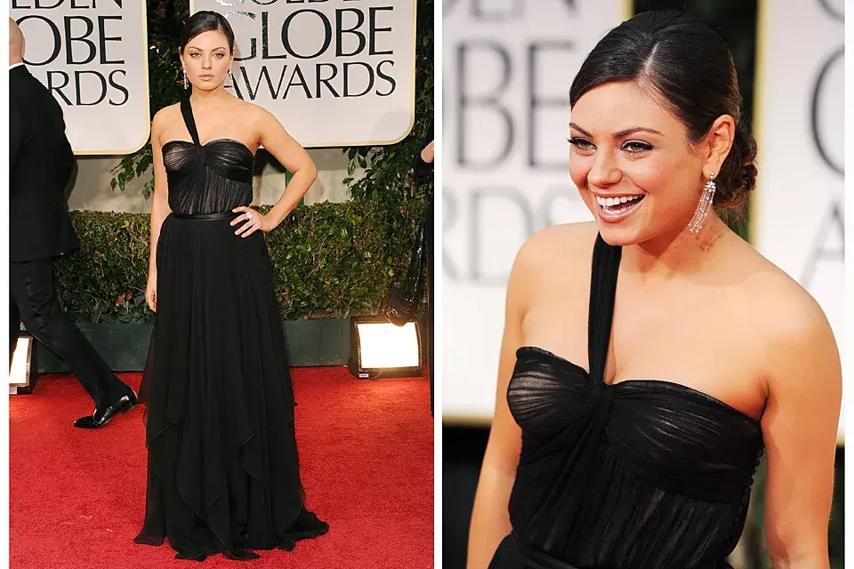 Mila Kunis no arriesgó mucho: eligió un vestido de gasa color negro de Dior con pliegues