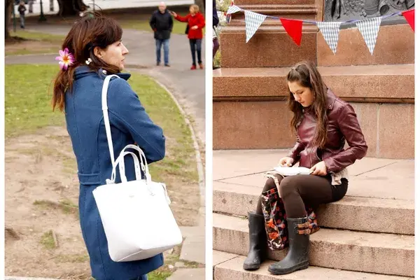 Tapado azul y campera de cuero para afrontar la última tarde de frío, antes de la llegada de la primavera