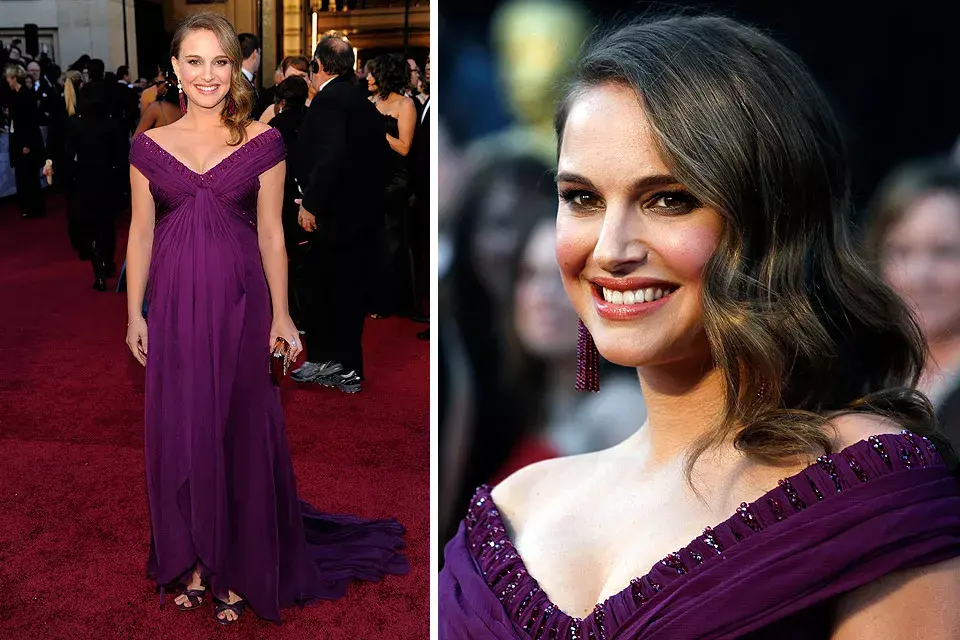 Embarazadísima, Natalie Portman optó por un vestido de Rodarte (firma que hizo el vestuario de Black Swan) color borravino; el diseño no fue la mejor elección y llevar aros, zapatos y clutch en el mismo tono, tampoco