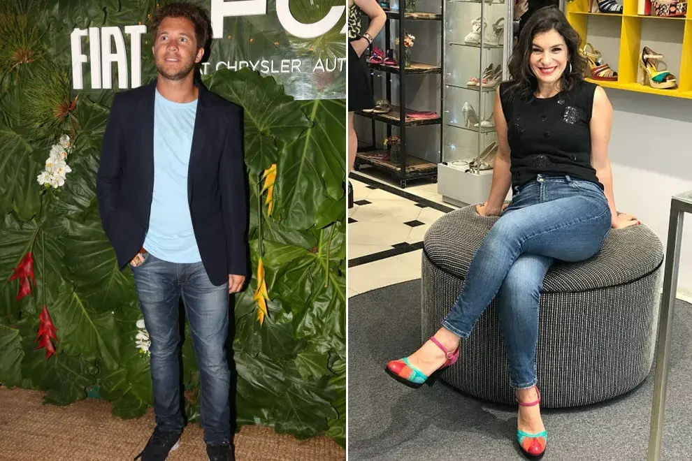 Oda al denim: Tacho riera, en un evento de Fiat, mixtureando remera con traje saco; y Dalia Gutman, fanática confesa de los zapatos de Luz Príncipe, que usa en todos sus shows 