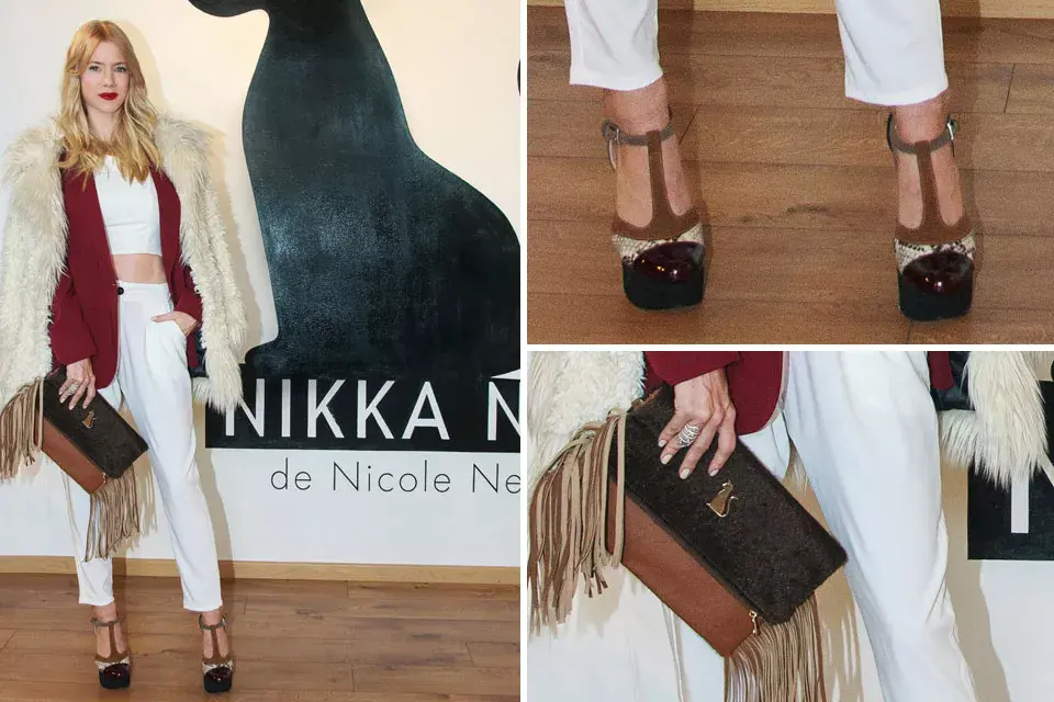 Abrigo de piel, conjunto de crop top y palazzo, y sobre con flecos para Nicole Neumann en la presentación de su marca de zapatos; ¡Attenti a las plataformas con hebilla! ¿Serán de su autoría?