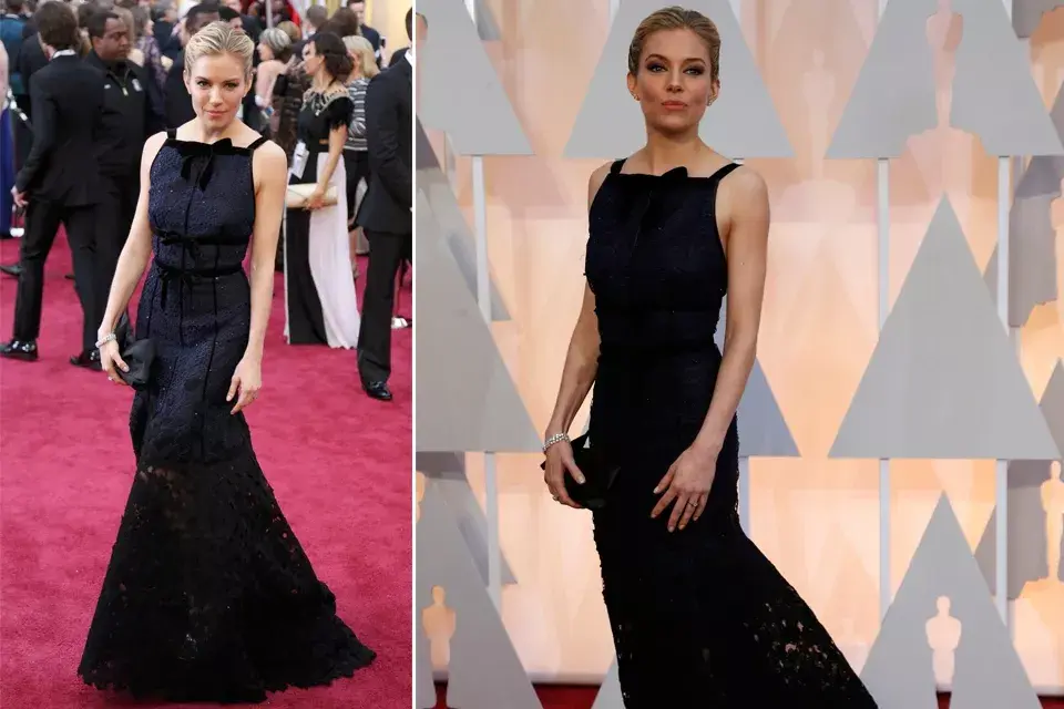 Sienna Miller eligió un Oscar de la Renta negro con una especie de broderie en la parte inferior y moños en el escote