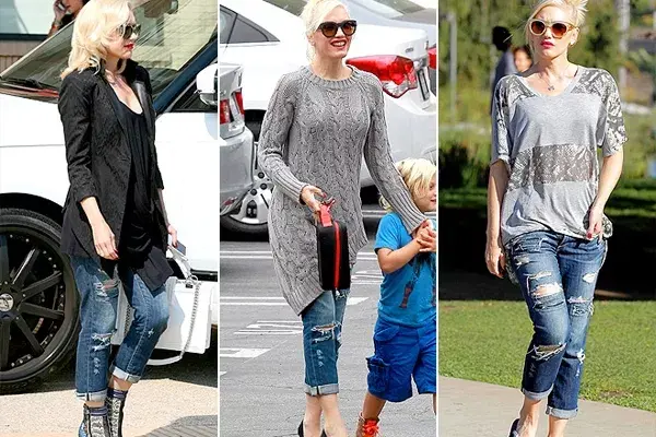 Gwen Steffani es fan de sus jeans rotos. Los usa en invierno con sweater y stilettos, con blazer y botas y en verano con ojotas