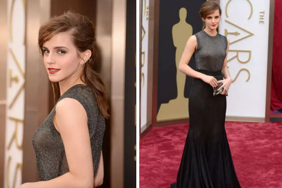 Negro y plata para el veswtido de Emma Watson. Sencillo pero acertado. El diseño es de Vera Wang