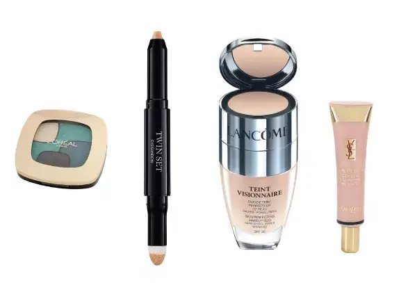 Fondo de maquillaje perfeccionador Teint visionnaire (Lancôme, $490). Twin set. Sombra en barra con difuminador incorporado (Dior). Sombras brillantes Color riche le ombres (L’oréal paris, $87). Iluminador Dare to glow, de textura gel ultraliviana (Yves Saint Laurent, $270).
