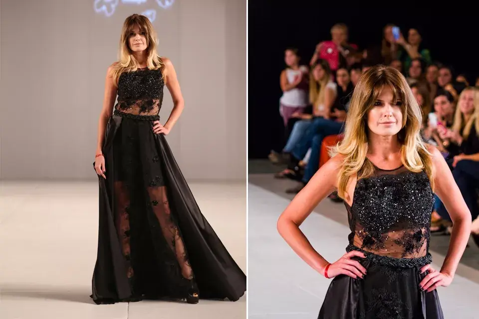 Isabel Macedo se animó a subirse a la pasarela en el desfile de Almendra Peralta Ramos del Designers look BA. Lució un vestido negro largo cargado de bordados y transparencias