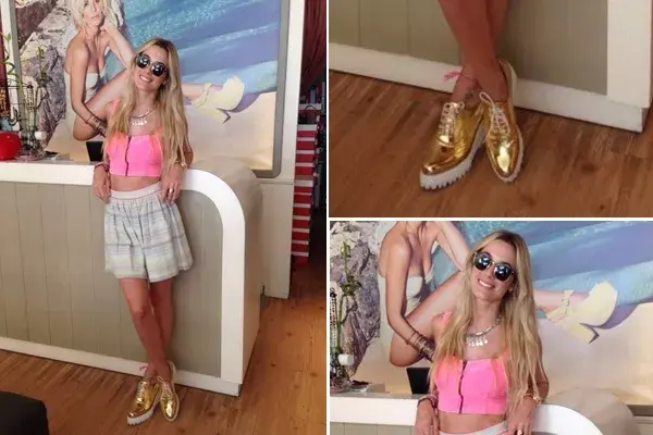 ¿Qué opinás del look de Chechu Bonelli? La modelo eligió un crop top en color shocking, pollera a rayas y mocasines dorados