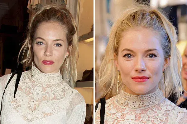 Sienna Miller ató su pelo con una cola de caballo bien alta y dejó las mechas hacia adelante