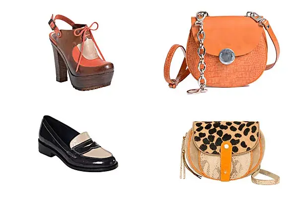 Las propuestas de Prüne: plataformas de madera acordonadas, bandolera naranja con animal print, mocasines de charol ($658) y bandolera naranja de cuero ($598)