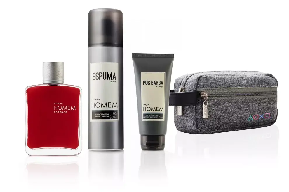 Ritual de cuidado Homem para los más coquetos. Contiene perfume, espuma de afeitar, bálsamo post barba y necessaire (Natura,$1480). 